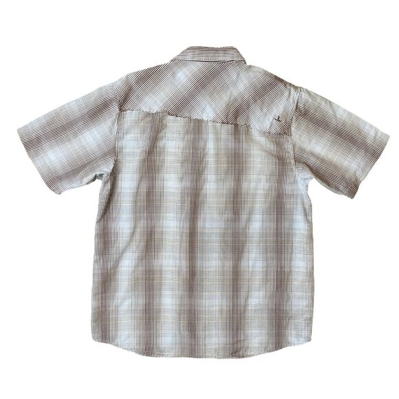 PrAna Short Sleeve Button Up Shirt Mens XL Brown Blue Plaid Raw Edge Detail - Picture 3 of 7